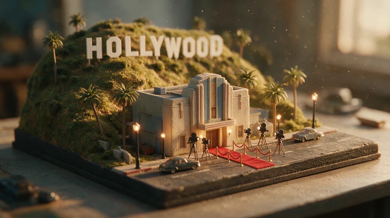 Seedream 5.0 Pro: A miniature Hollywood film set on a tabletop