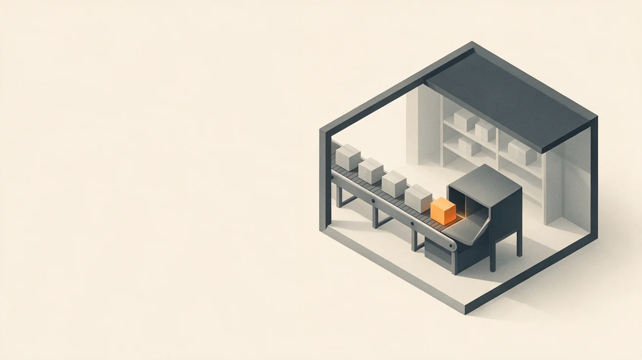 Generated example from the warehouse prompt: Seedream 5.0 Pro at 1K and 16:9, with parcels approaching a simplified packing station on the right and empty space for an editable title on the left.