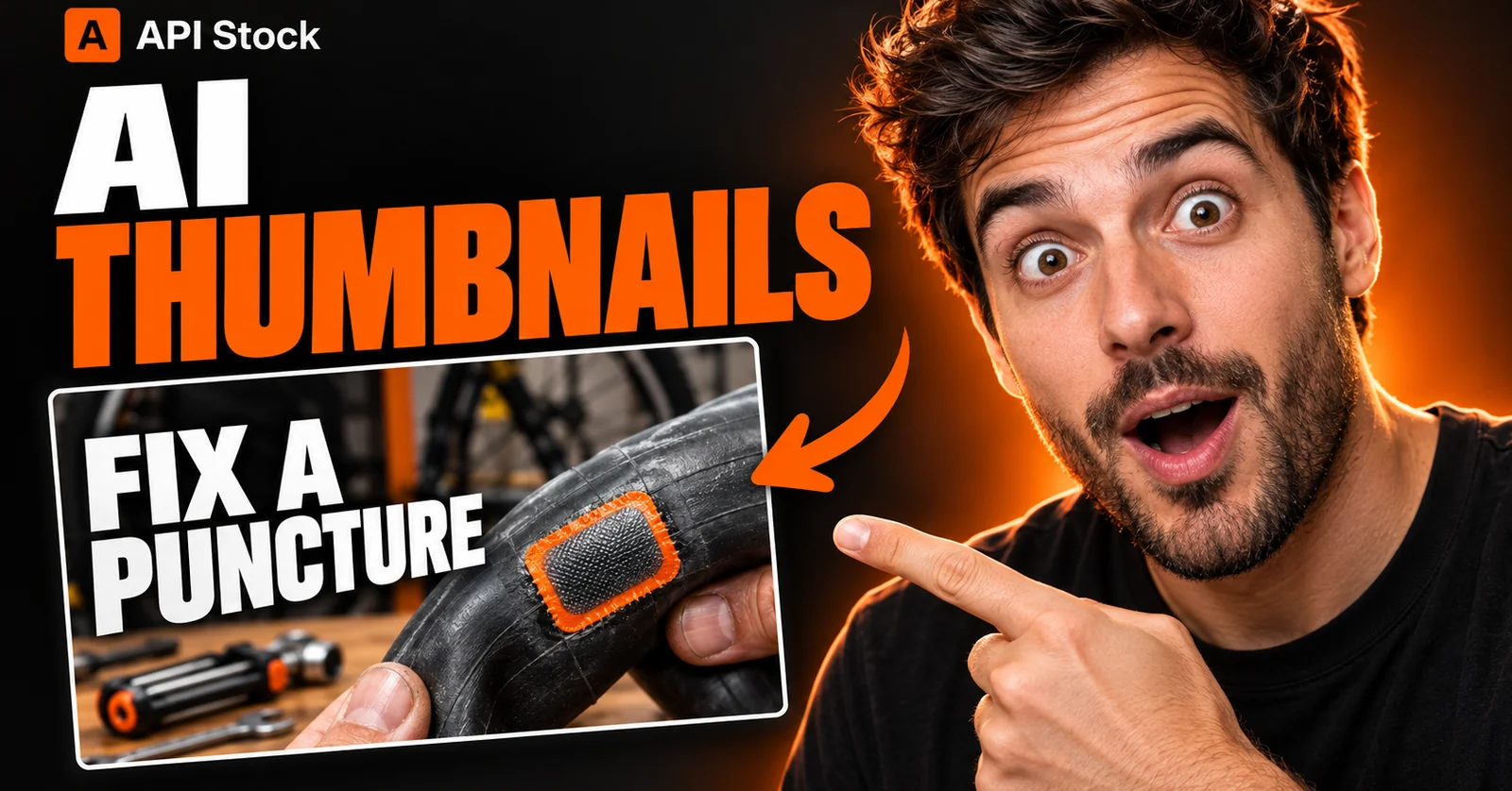 AI THUMBNAILS — a creator points to a puncture-repair tutorial thumbnail labelled FIX A PUNCTURE, with API Stock branding.
