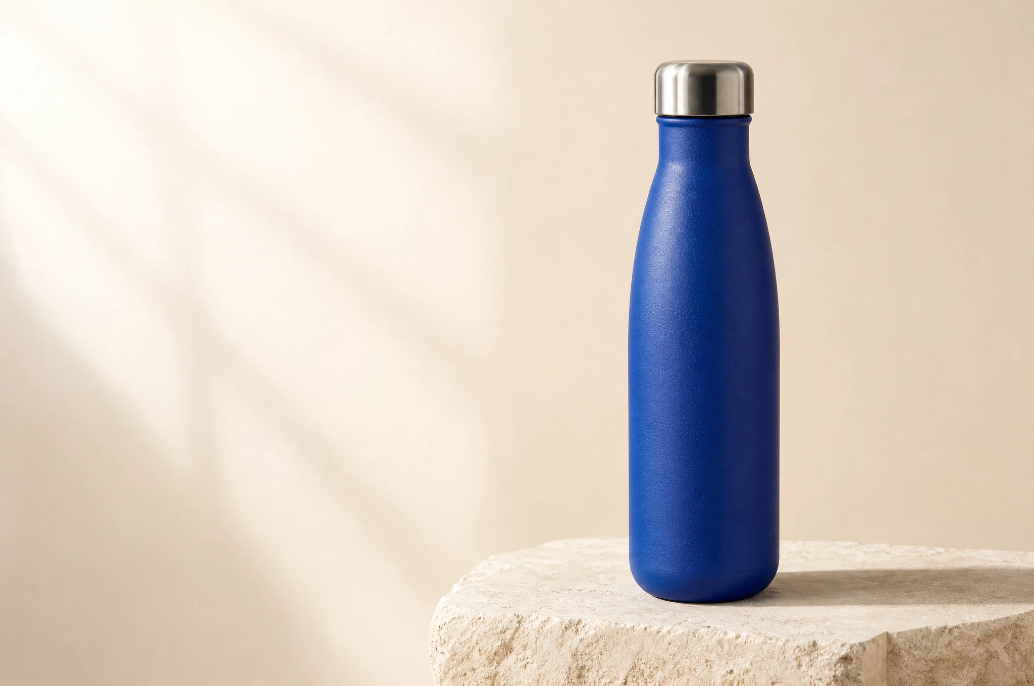 GPT Image 2: a cobalt-blue bottle on limestone, 2048 × 1360 pixels.