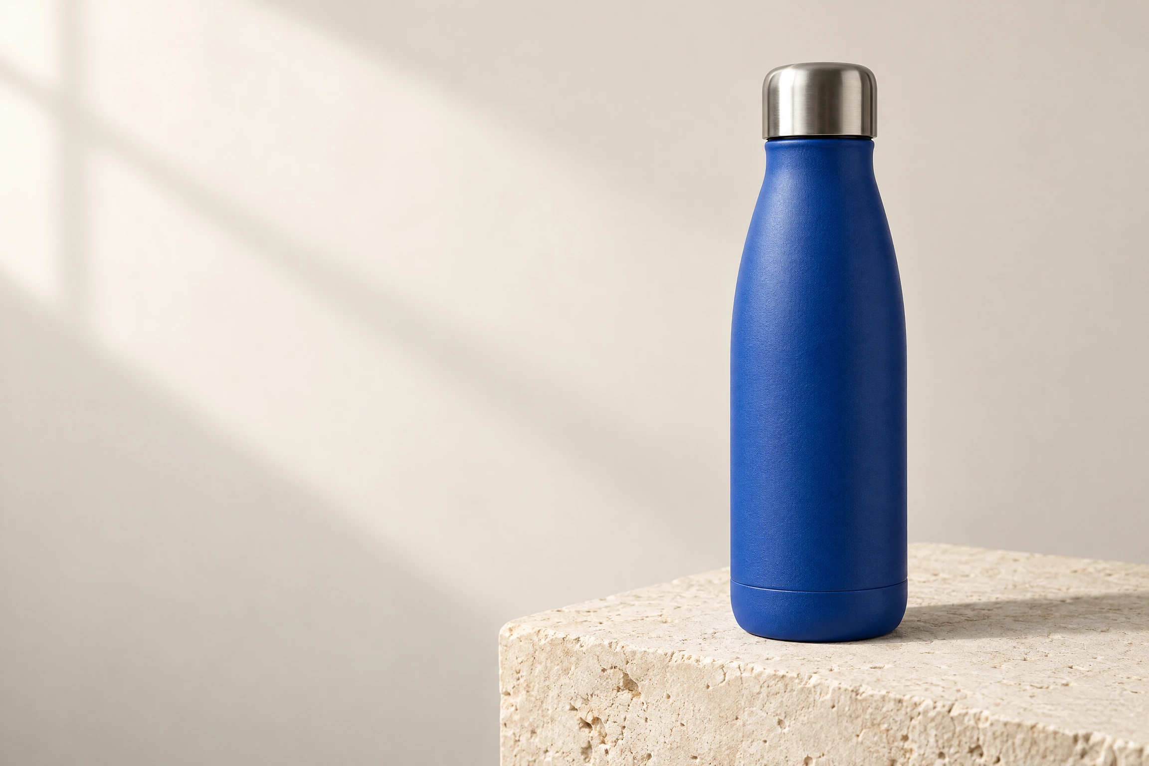 GPT Image 2.5 Sunburst: a cobalt-blue bottle on limestone, 2304 × 1536 pixels.
